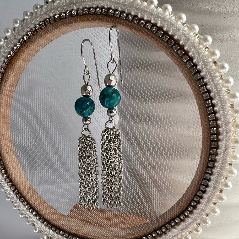 Cyan Blue Turquoise Beaded Chain Long Earrings
